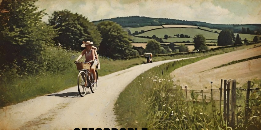 A woman rides her bike down a country road