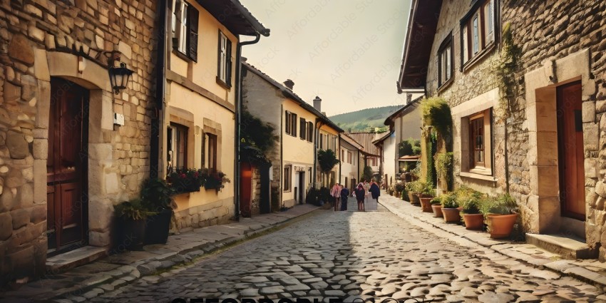 A group of people walking down a cobblestone street