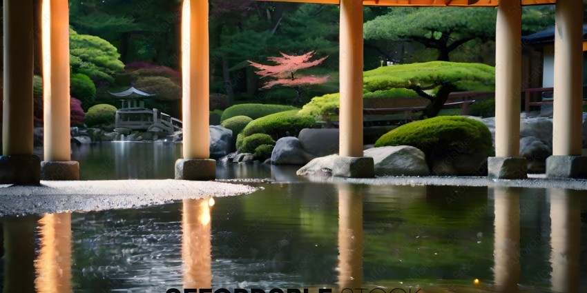 A reflection of a garden with a pond and a bridge