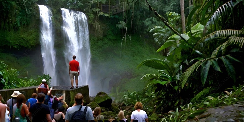 A group of people watch a waterfall in a jungle