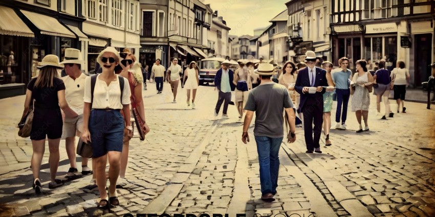 People walking on a cobblestone street
