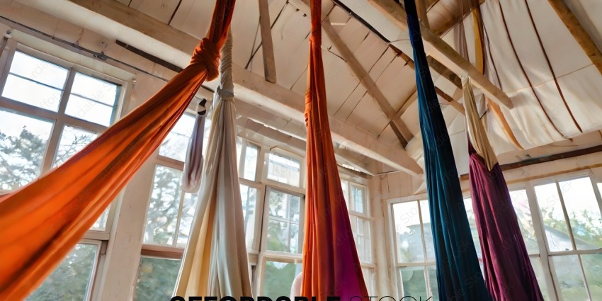 Colorful hanging fabric in a room