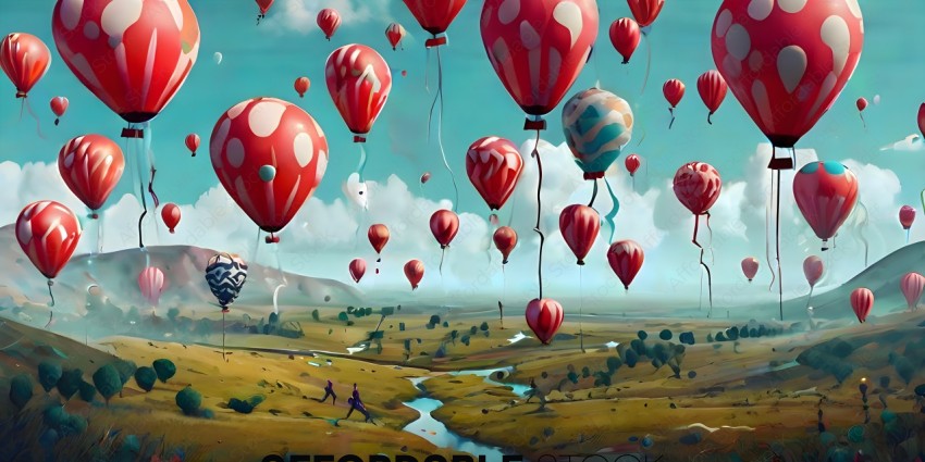 A group of hot air balloons are flying over a field