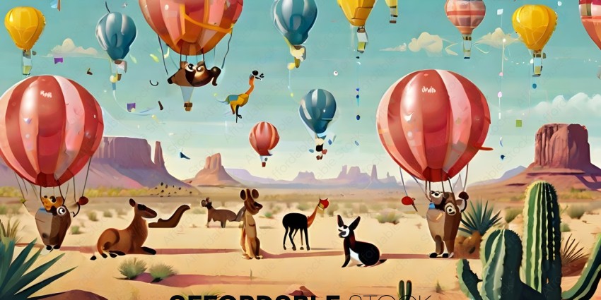 A painting of animals and hot air balloons