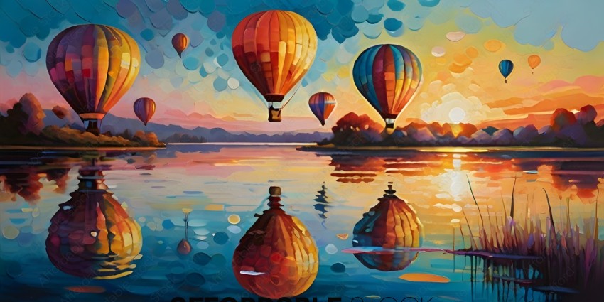 A painting of hot air balloons in the sky and on the water