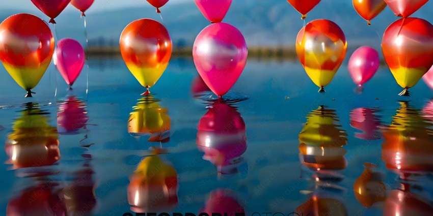Pink and Red Balloons Reflecting in Water