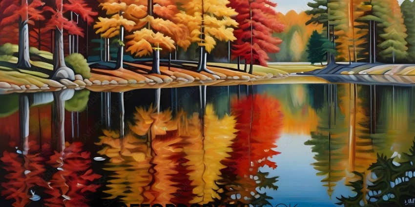A painting of a lake with trees and reflections