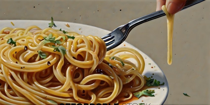 A fork is holding a plate of spaghetti
