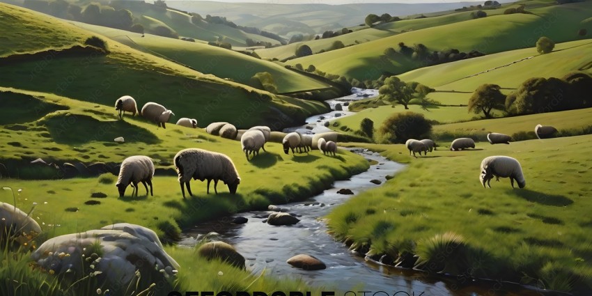 A painting of a herd of sheep grazing in a valley