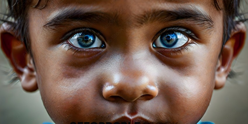 A closeup of a child's face with blue eyes