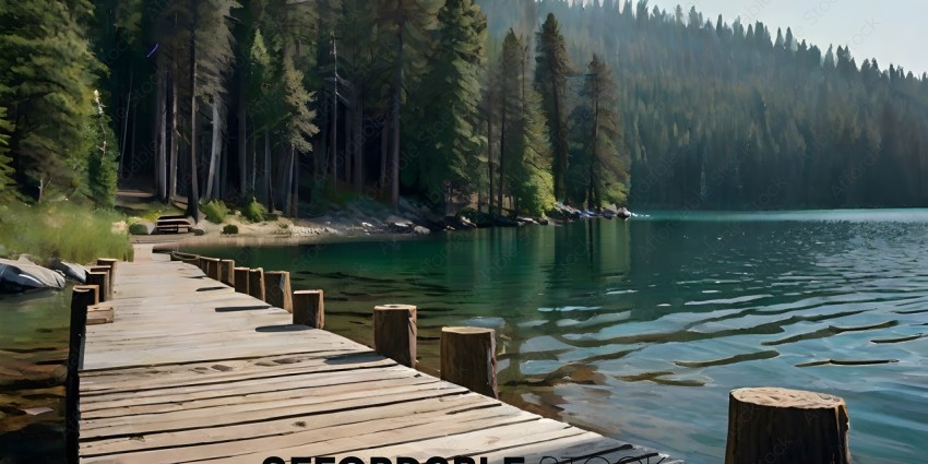 A view of a dock with a forest in the background