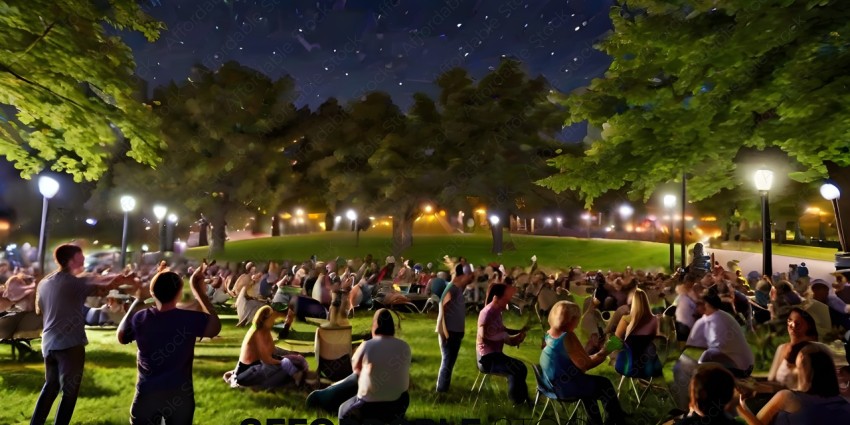 A large group of people are sitting in the grass at night