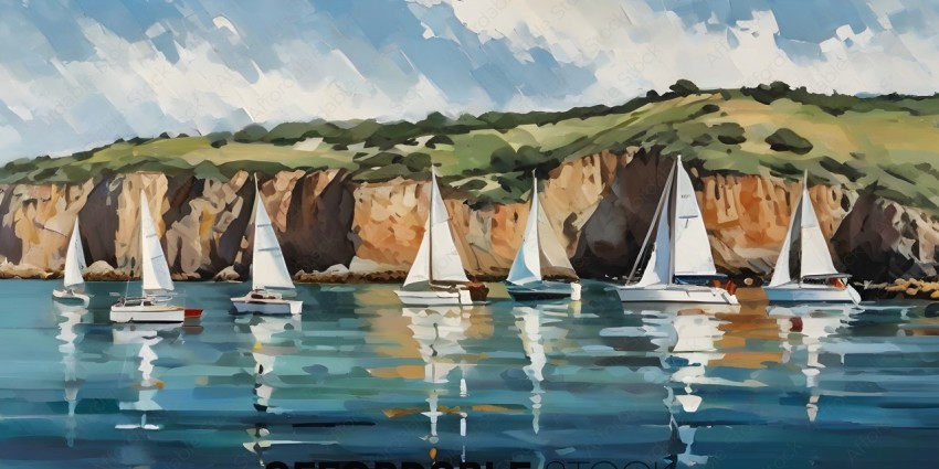 Sailboats in the water with a rocky coastline in the background