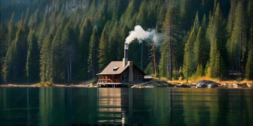 A cabin on a lake with a smoke stack