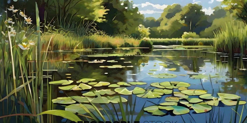 A painting of a pond with lily pads and a forest in the background