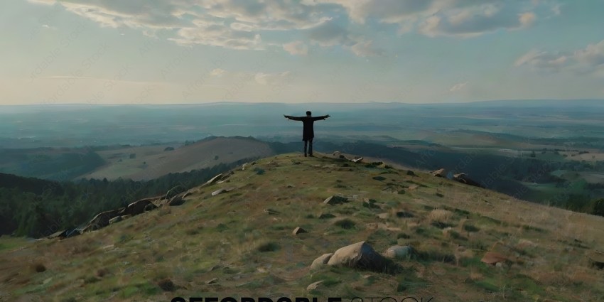 A man standing on a hill with his arms outstretched