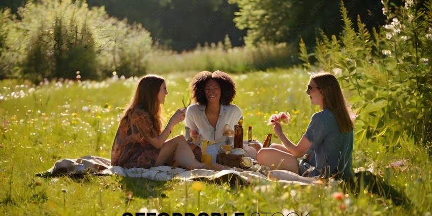 Three women sitting in a field enjoying a picnic