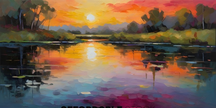 A beautiful painting of a sunset over a lake