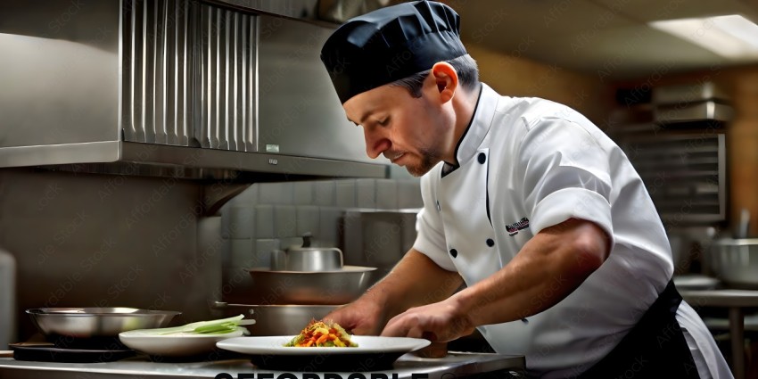 A chef in a kitchen, preparing food