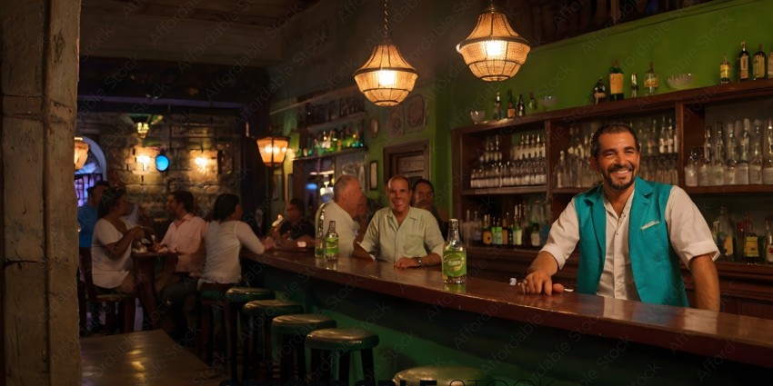 Men at a bar with drinks and bottles