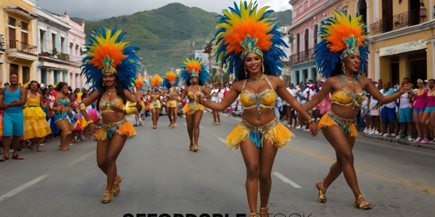 A group of women wearing colorful costumes and headdresses are walking down a street