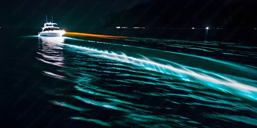 A boat with a blue glow on the water