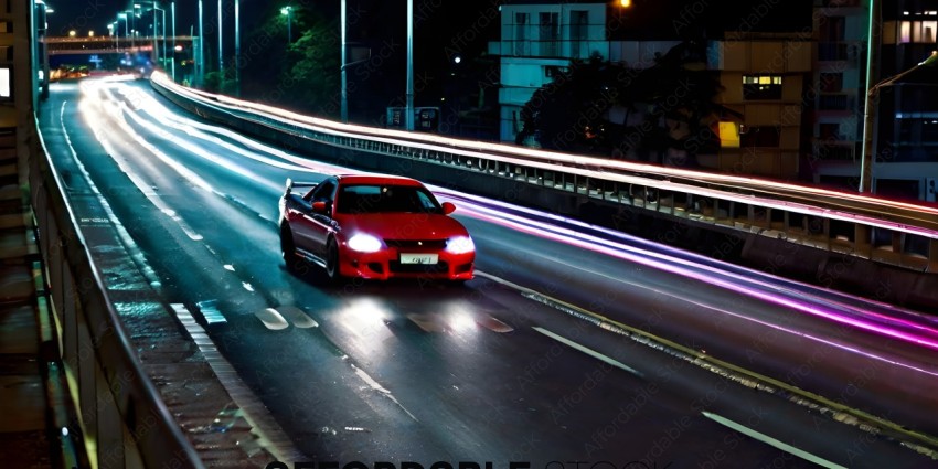 Red Car Driving Down Road at Night