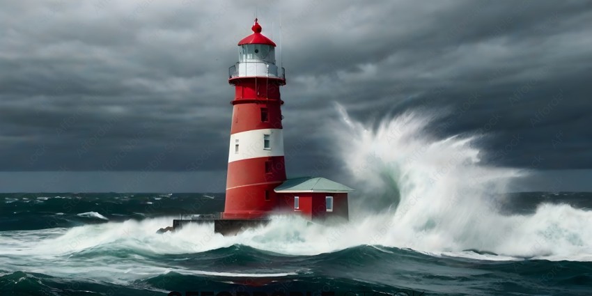 A red and white lighthouse in the ocean with a wave crashing over it
