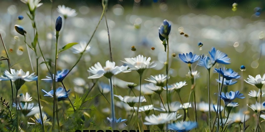 A field of flowers with blue and white flowers
