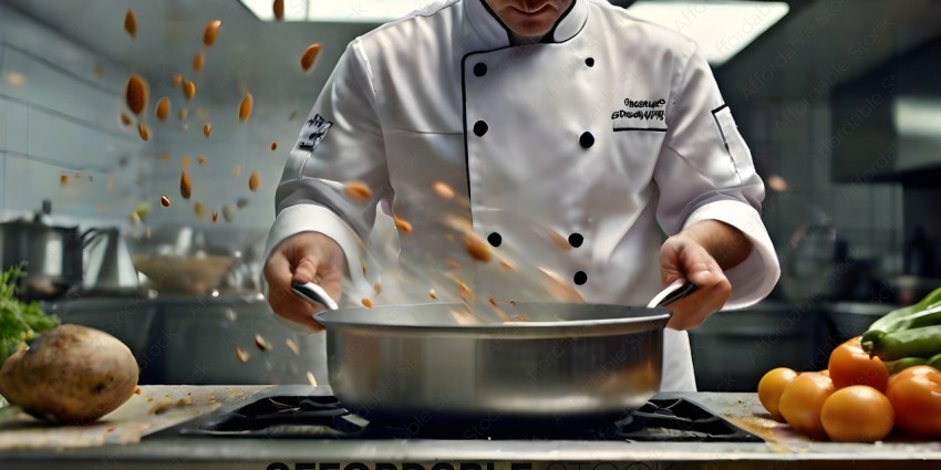 A chef in a white uniform is cooking food in a pot