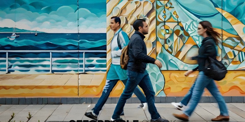 Two men walking past a mural
