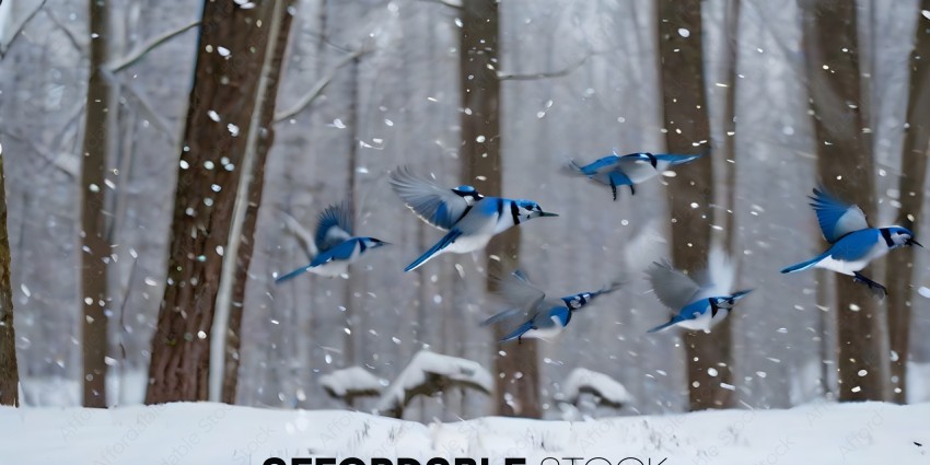 Blue and White Birds Flying in the Snow