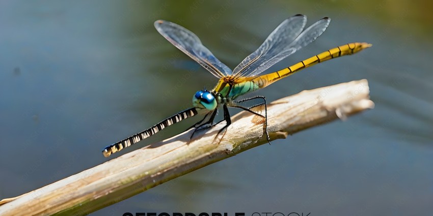 A dragonfly with a blue eye and yellow stripes