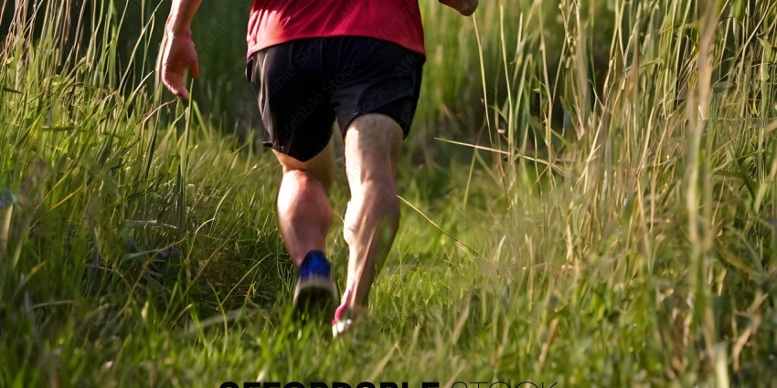 A runner in a red shirt and black shorts running through the grass
