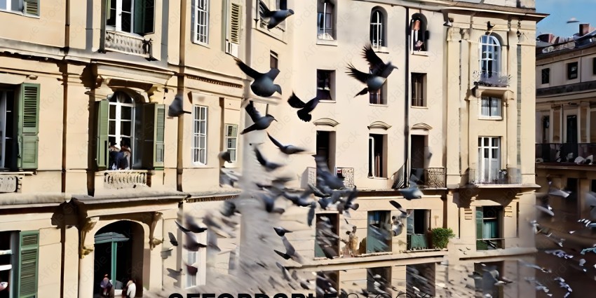Flock of Pigeons Flying Over Building