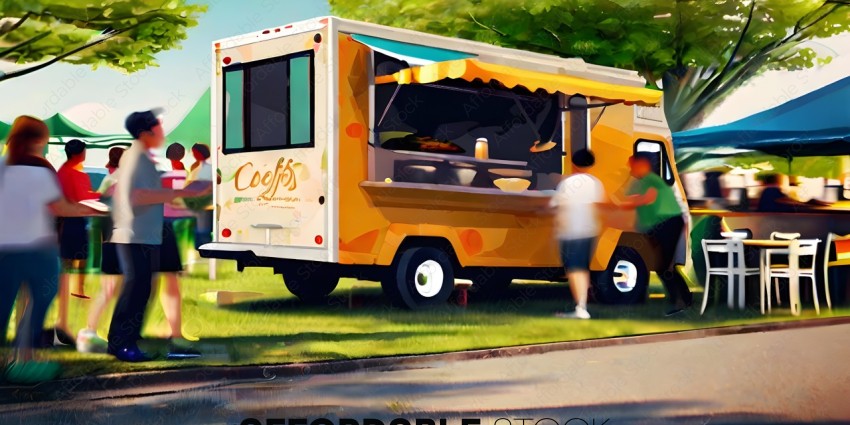 A Food Truck with a Yellow Canopy and a Man in a White Shirt Walking by