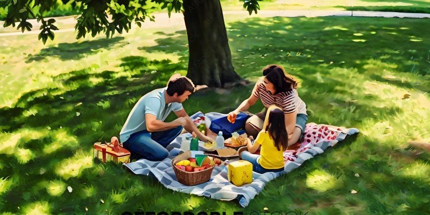 A family of four enjoying a picnic on the grass