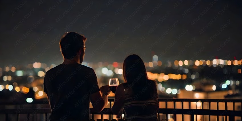 A couple enjoys a glass of wine while looking at the city lights