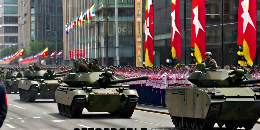 A military parade with tanks and soldiers