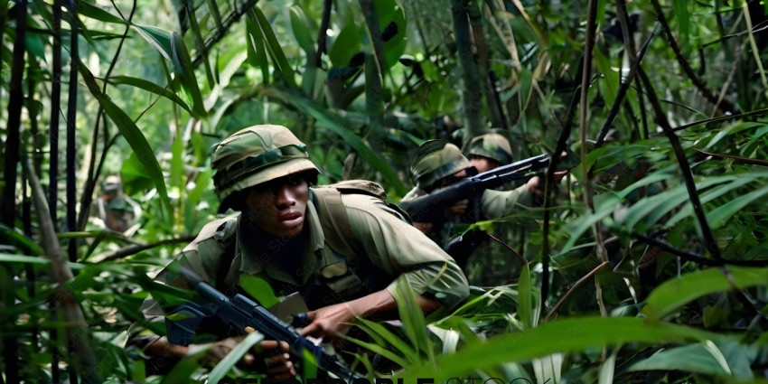 Soldiers in Jungle with Guns