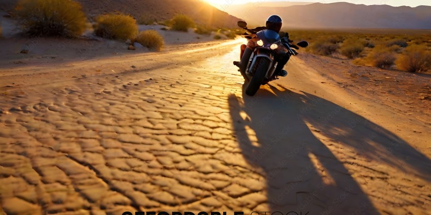 A motorcyclist rides down a dirt road at sunset