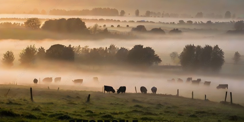 Cows grazing in a field with fog