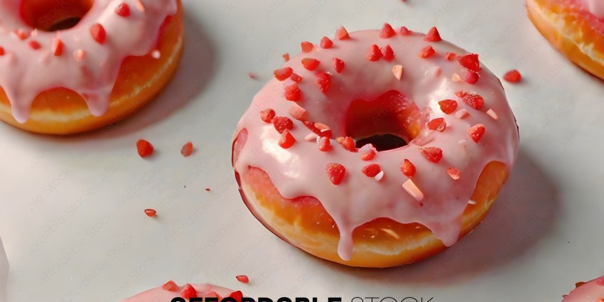 A close up of a pink frosted donut with red sprinkles