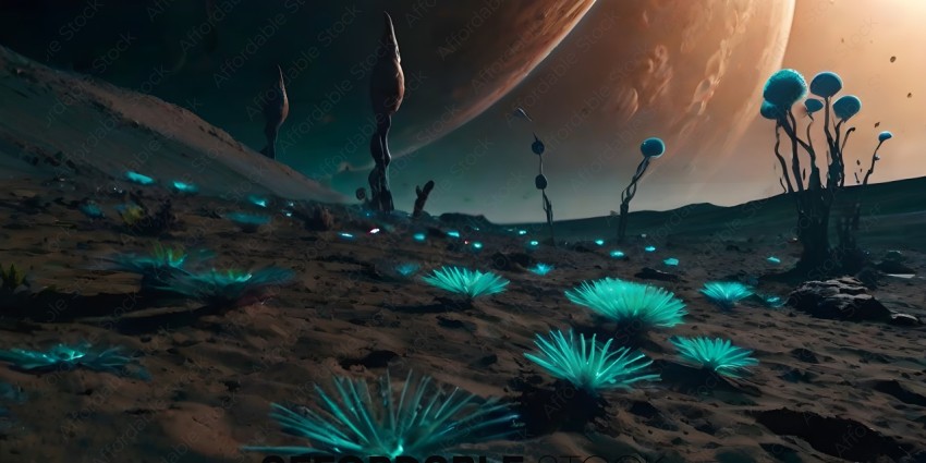 A group of blue plants on a barren planet