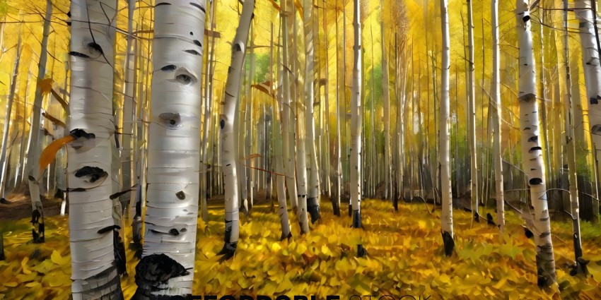 A forest of birch trees with yellow leaves