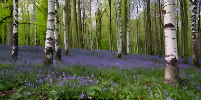 A forest with purple flowers and trees