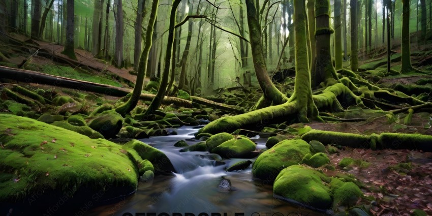 A stream runs through a mossy forest