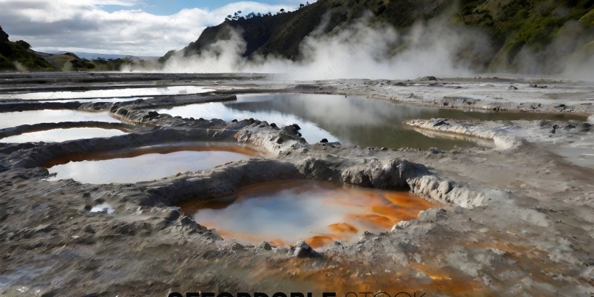 A hot spring with a pool of water and steam