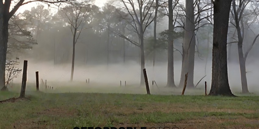 Foggy Field with Trees and Fence