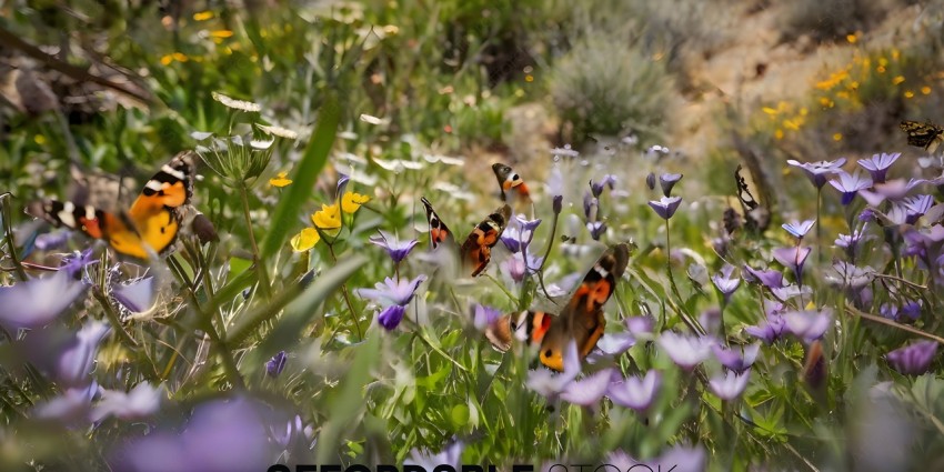 A group of butterflies in a field of flowers